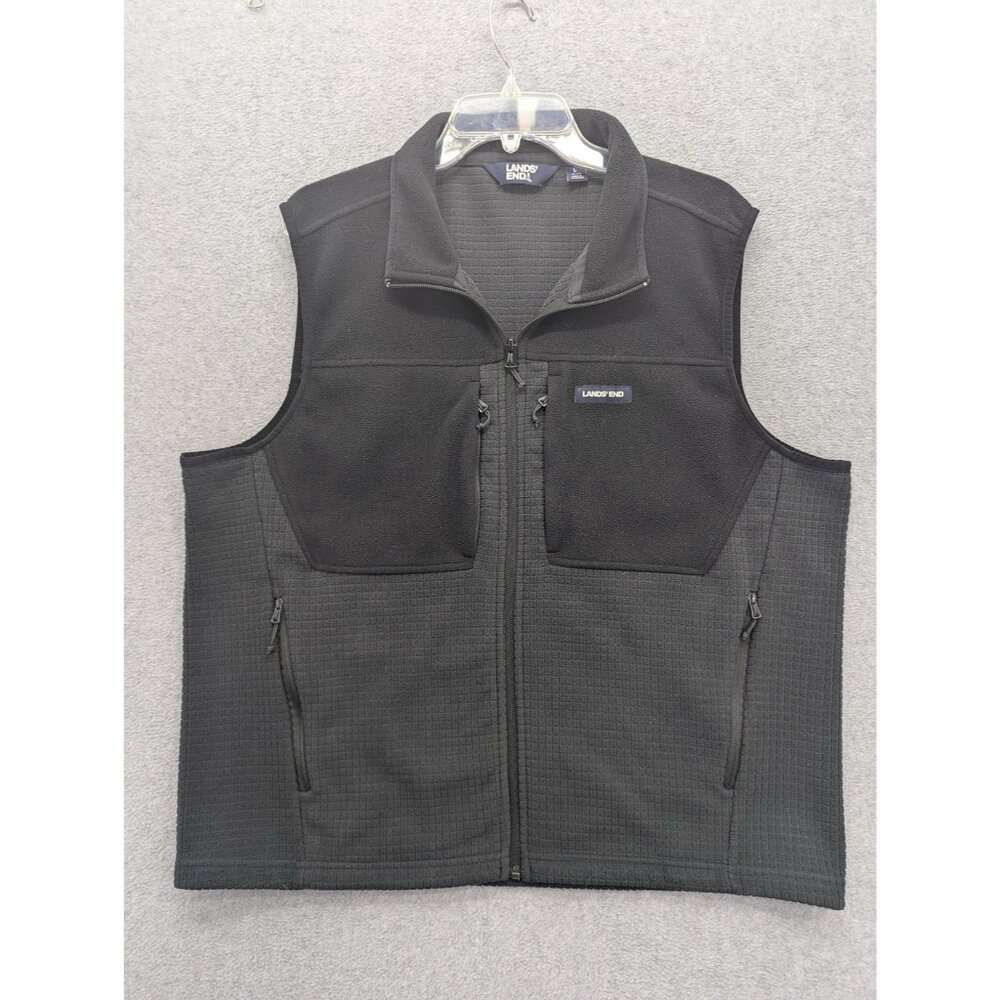 Lands' End Fleece Vest Mens Large Black Full Zip Pockets Lined Windbreaker